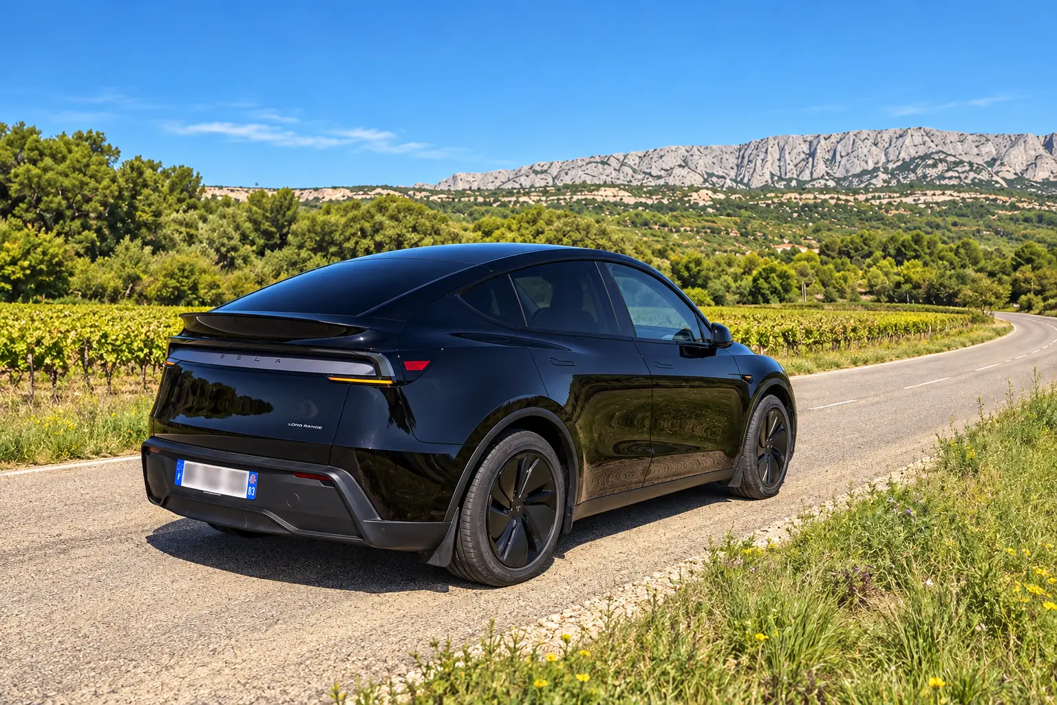 La berline confort électrique noire de LAST SMILE, vue de trois quarts arrière sur une route au milieu des vignes provençales
